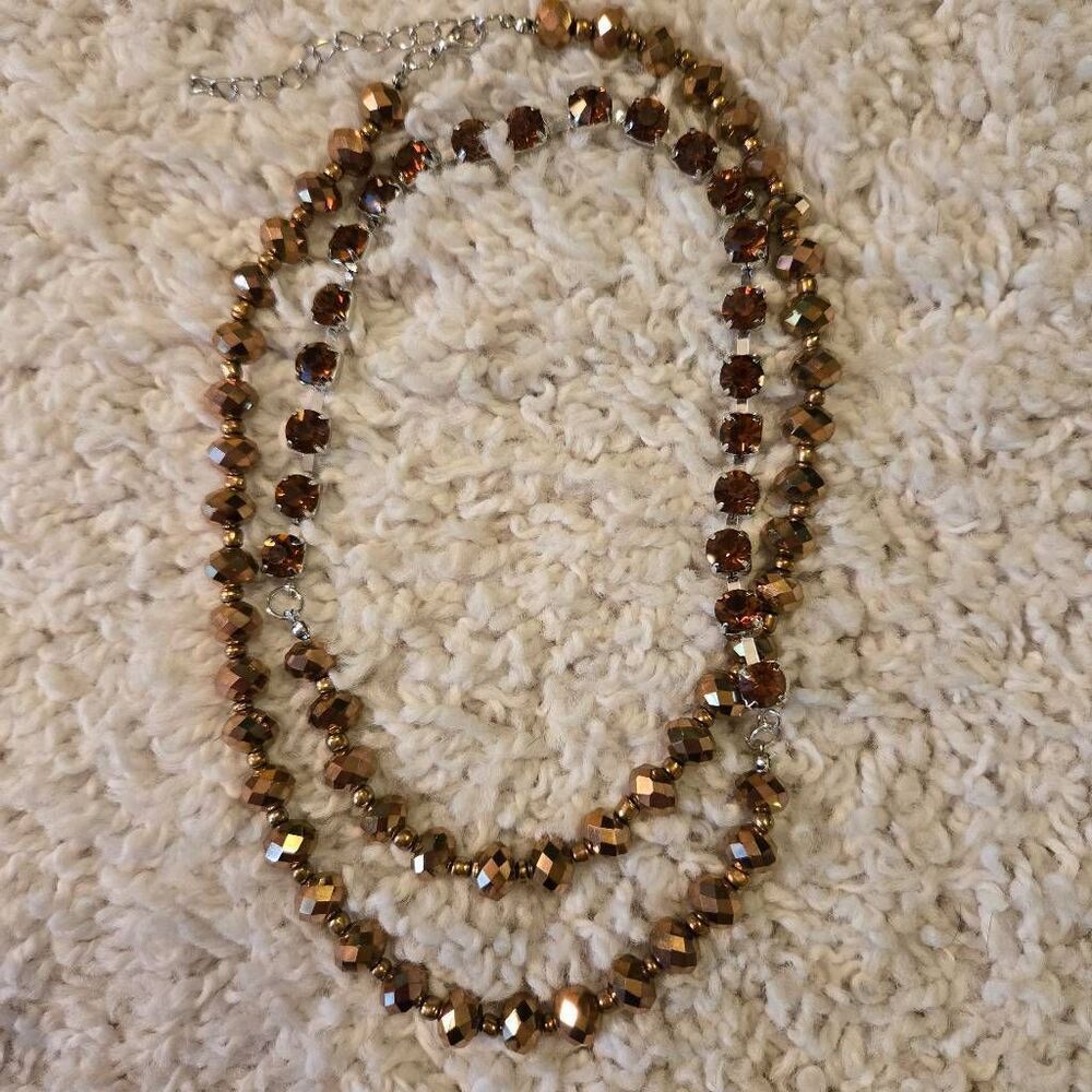 NWOT  Bronze Faceted Bead + Amber Rhinestone Necklace Long